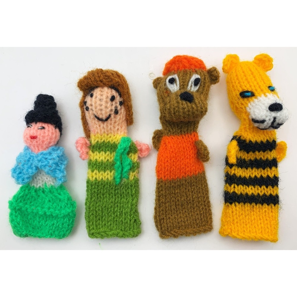 Set of 4 Knitted FINGER PUPPETS Snowman - Girl - Puppy Dog - Tiger
